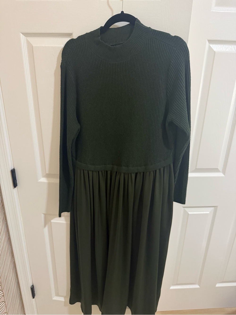 Women’s Plus Olive Green Long Sleeve Knit Bodice Dress with Sheen Skirt